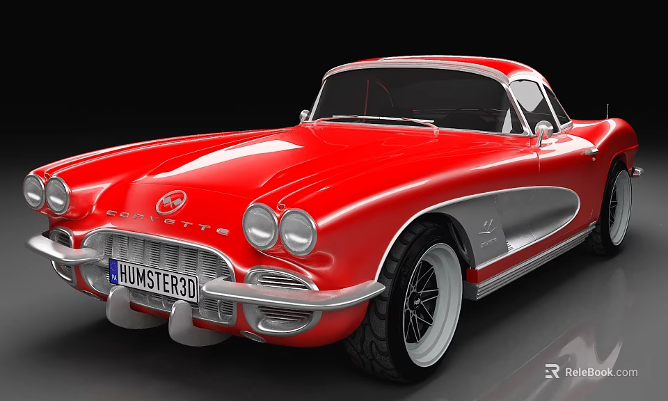 Classic Red Corvette Convertible With Silver Accents And White Wheels 3d model 