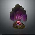 Enchanted Tree Structure With Purple Hanging Vines Colorful Stones And Mossy Base