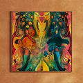 Vibrant Abstract Painting with Swirls Dots and Flowing Yellow Orange Blue Green Patterns