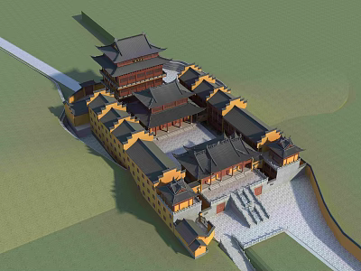 Ancient Architecture Complex Featuring Multi Tiered Tower Yellow Walls Black Roofs And Courtyard 3d model