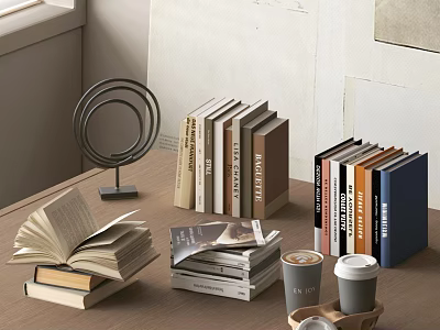 Open Book and Stacked Magazines on Wooden Table with Coffee Cups and Metal Decor 3d model