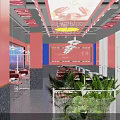 Stylish Modern Restaurant Interior With Neon Sign Red Counter Menu Posters And Red Chairs