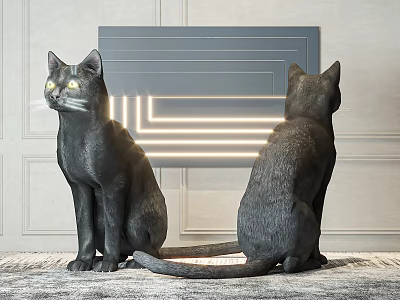 Black Reptile Statues Sitting On Grey Carpet With Illuminated Wall Panel 3d model