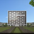 Modern Tall School Building With Front Lawn Central Pathway And Surrounding Trees