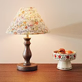 Decorative Ornament Set With Floral Lampshade Wooden Base And Ceramic Fruit Bowl With Red Design