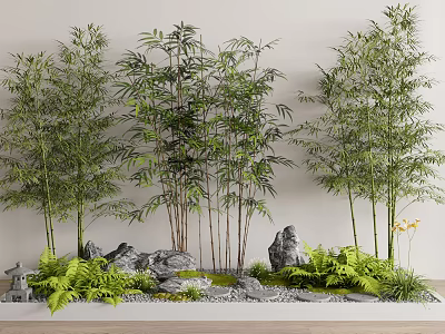 Small Natural Garden Landscape With Bamboo Plants Stones And Ferns 3d model