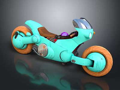 Turquoise Motorcycle with Orange Wheels Brown Seat and Transparent Windshield Modern Design 3d model
