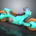 Turquoise Motorcycle with Orange Wheels Brown Seat and Transparent Windshield Modern Design