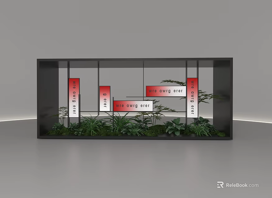 Stylish Decorative Ornament Arrangement With Red Signage Green Plants In Display Cabinet 3d model 