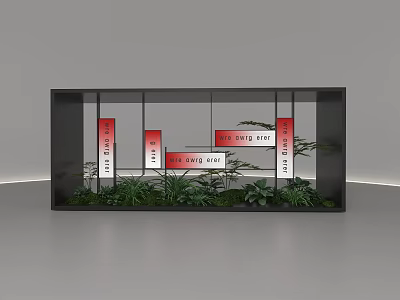 Stylish Decorative Ornament Arrangement With Red Signage Green Plants In Display Cabinet 3d model