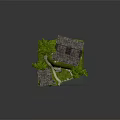 Cartoon Scene With Small Wooden House Green Trees Stone Pathway And Little Pond