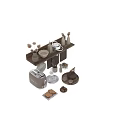 Essential Kitchen Cooking Utensils With Wooden Shelf Toaster Chopping Boards Bowls And Teapot