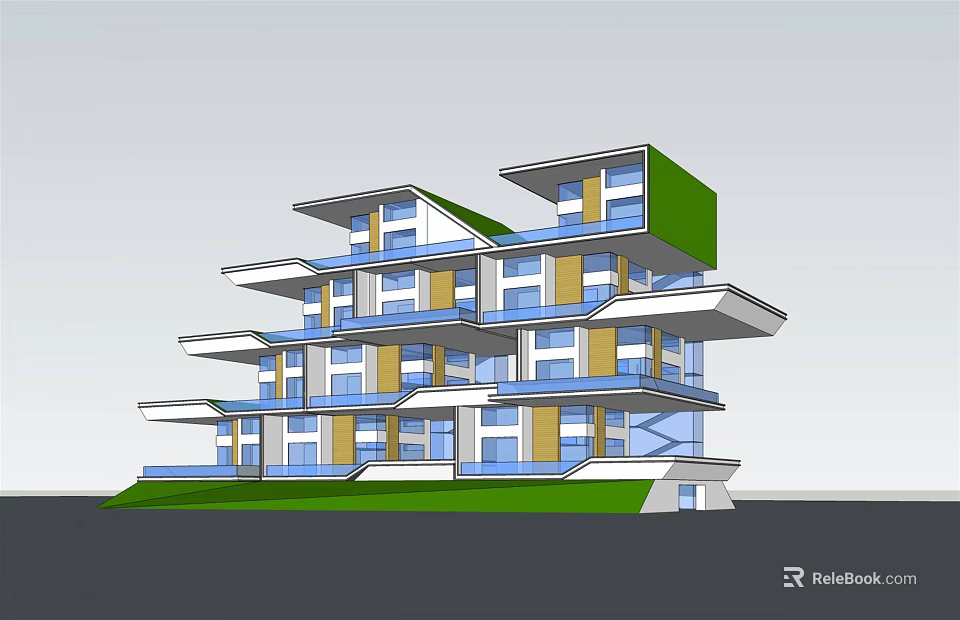 Modern Multi Story Building With Green Roof Balconies And Glass Windows 3d model 