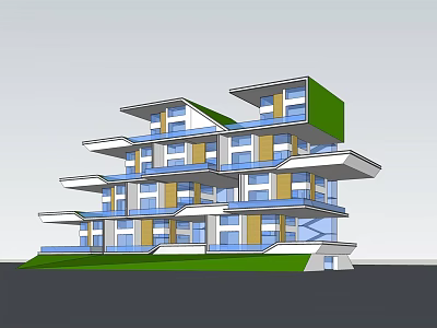 Modern Multi Story Building With Green Roof Balconies And Glass Windows 3d model
