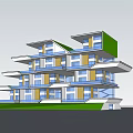Modern Multi Story Building With Green Roof Balconies And Glass Windows