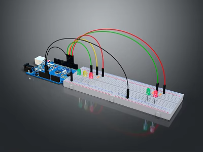 Breadboard With Colored Wires LED Lights And Electronic Circuit Board Prototype 3d model