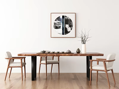 Modern Minimalist Interior With Wooden Tea Table And Chairs Tea Sets Vase And Decorative Painting 3d model