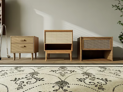 Modern Wooden Bedside Tables With Drawers Woven Panels And Open Shelves In Bedroom 3d model