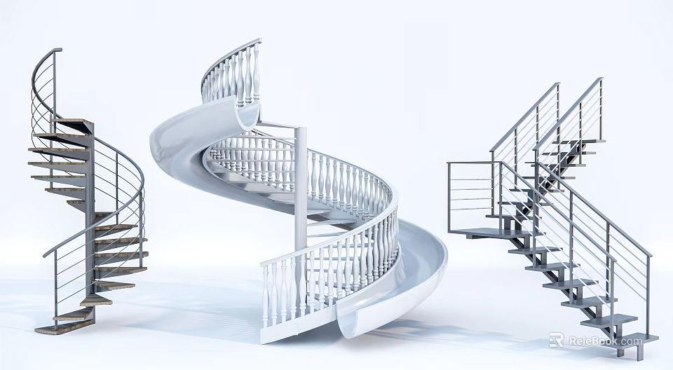 Modern Staircase Designs Including Spiral With Metal Handrails And White Structure 3d model 