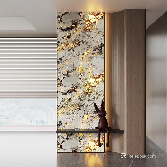 Entryway Hallway Interior Design With Marble Panel Golden Veins Wooden Structure And Rabbit Figurine 3d model 