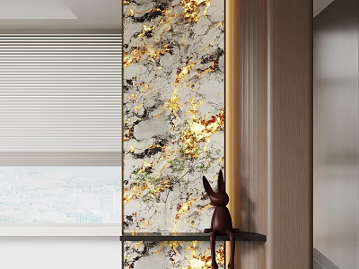 Entryway Hallway Interior Design With Marble Panel Golden Veins Wooden Structure And Rabbit Figurine 3d model