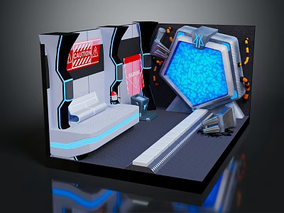 Futuristic Sci Fi Interior With Glowing Blue Panel Control Console And Neon Lights 3d model