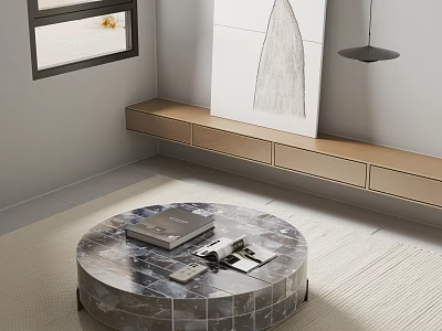 Round Marble Coffee Table in Modern Living Room With Rug Painting And Wooden Shelf 3d model
