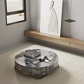 Round Marble Coffee Table in Modern Living Room With Rug Painting And Wooden Shelf