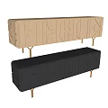 Modern Wooden TV Stand With Geometric Patterns And Metal Legs In Light Dark Tones