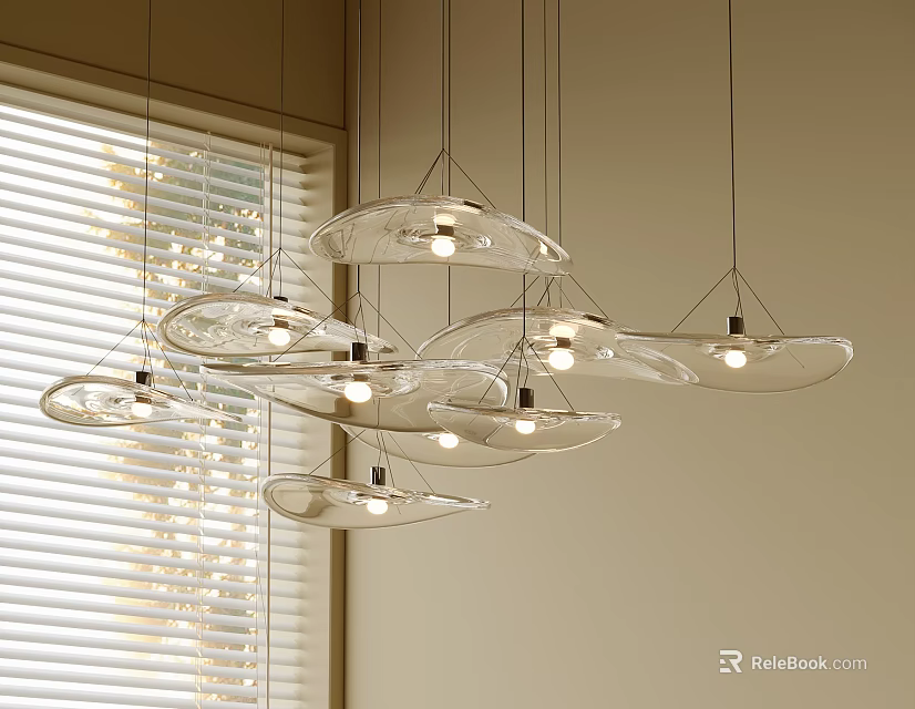 Multiple Transparent Glass Disc Shaped Chandeliers Hanging By Window With Natural Light Blinds 3d model 