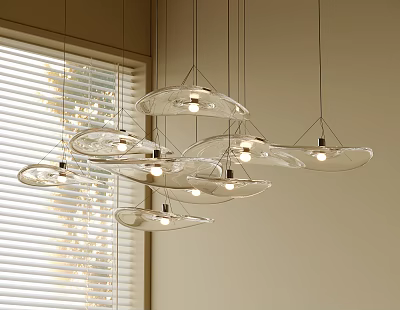 Multiple Transparent Glass Disc Shaped Chandeliers Hanging By Window With Natural Light Blinds 3d model