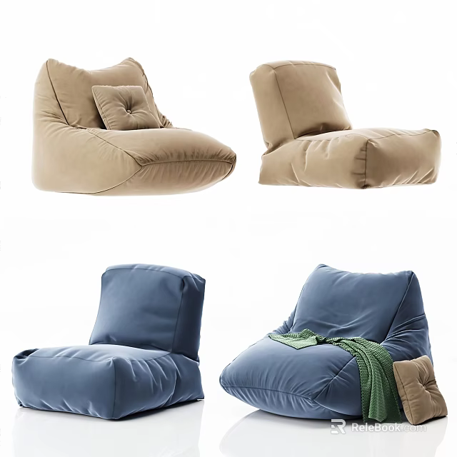 Comfortable Beige And Blue Bean Bag Chairs With Pillow And Throw Blanket For Living Room 3d model 