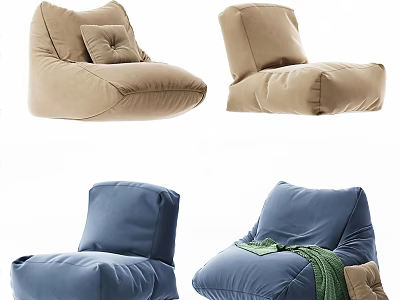 Comfortable Beige And Blue Bean Bag Chairs With Pillow And Throw Blanket For Living Room 3d model