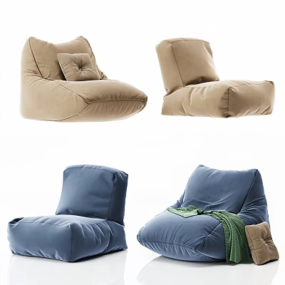 Comfortable Beige And Blue Bean Bag Chairs With Pillow And Throw Blanket For Living Room 3d model