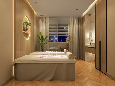Relaxing SPA Sauna Room With Massage Bed Wooden Decor And Green Plant 3d model