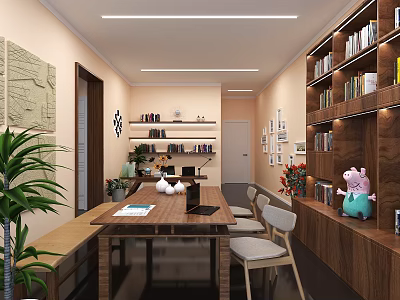 Cozy Modern Living Room With Full Wall Wooden Bookshelf And Spacious Working Dining Area 3d model