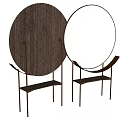 Two Round Mirrors With Metal Stands And Wooden Back In Minimalist Interior