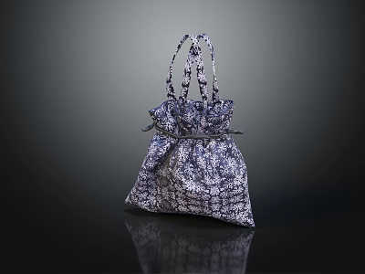 Stylish Patterned Fabric Handbag With Blue White Design And Drawstring Handles 3d model