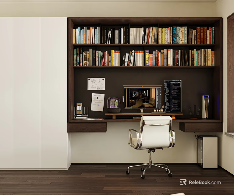 Modern Home Office Desk With Dark Bookshelf Full of Books Computer Monitor and White Chair 3d model 