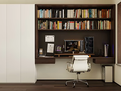 Modern Home Office Desk With Dark Bookshelf Full of Books Computer Monitor and White Chair 3d model