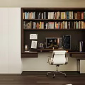 Modern Home Office Desk With Dark Bookshelf Full of Books Computer Monitor and White Chair