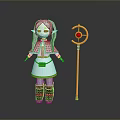 Cartoon Elf Character With Gray Long Hair Pointed Ears White Dress And Yellow Magic Staff