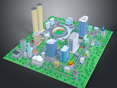 Colorful Cartoon City Scene With Tall Buildings Stadium Green Areas And Trees 3d model
