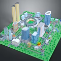 Colorful Cartoon City Scene With Tall Buildings Stadium Green Areas And Trees