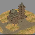 Multi Story Wooden Building With Tower Balconies And Gabled Roof On Grassland