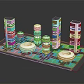Modern Urban Architecture Model Featuring High Rise Buildings Circular Structures and Green Blue Spaces