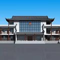 Traditional Chinese Style Building With Overhanging Eaves Modern Glass Wall And Red Emblem