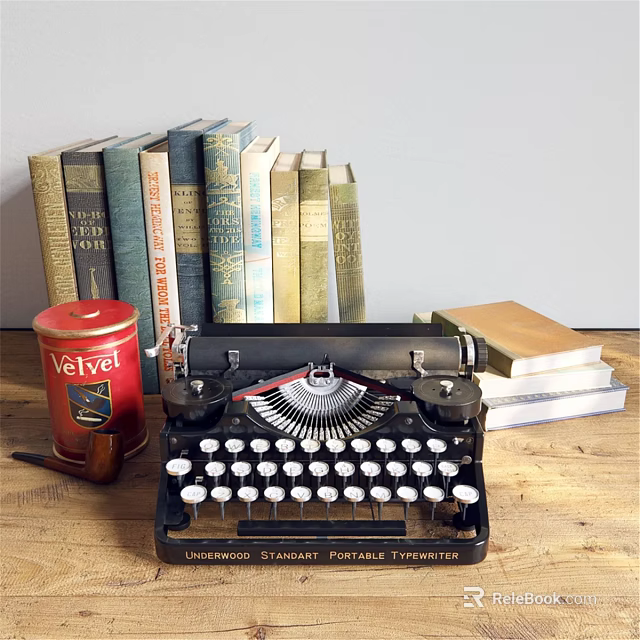 Vintage Ornamental Decor Set with Old Typewriter Books Red Canister and Notebooks on Wooden Tabletop 3d model 
