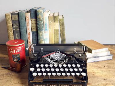 Vintage Ornamental Decor Set with Old Typewriter Books Red Canister and Notebooks on Wooden Tabletop 3d model