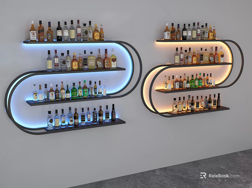 Modern Wall Mounted Wine Cabinet With Multi Tiered Shelves Blue LED Lighting And Wine Bottles 3d model 